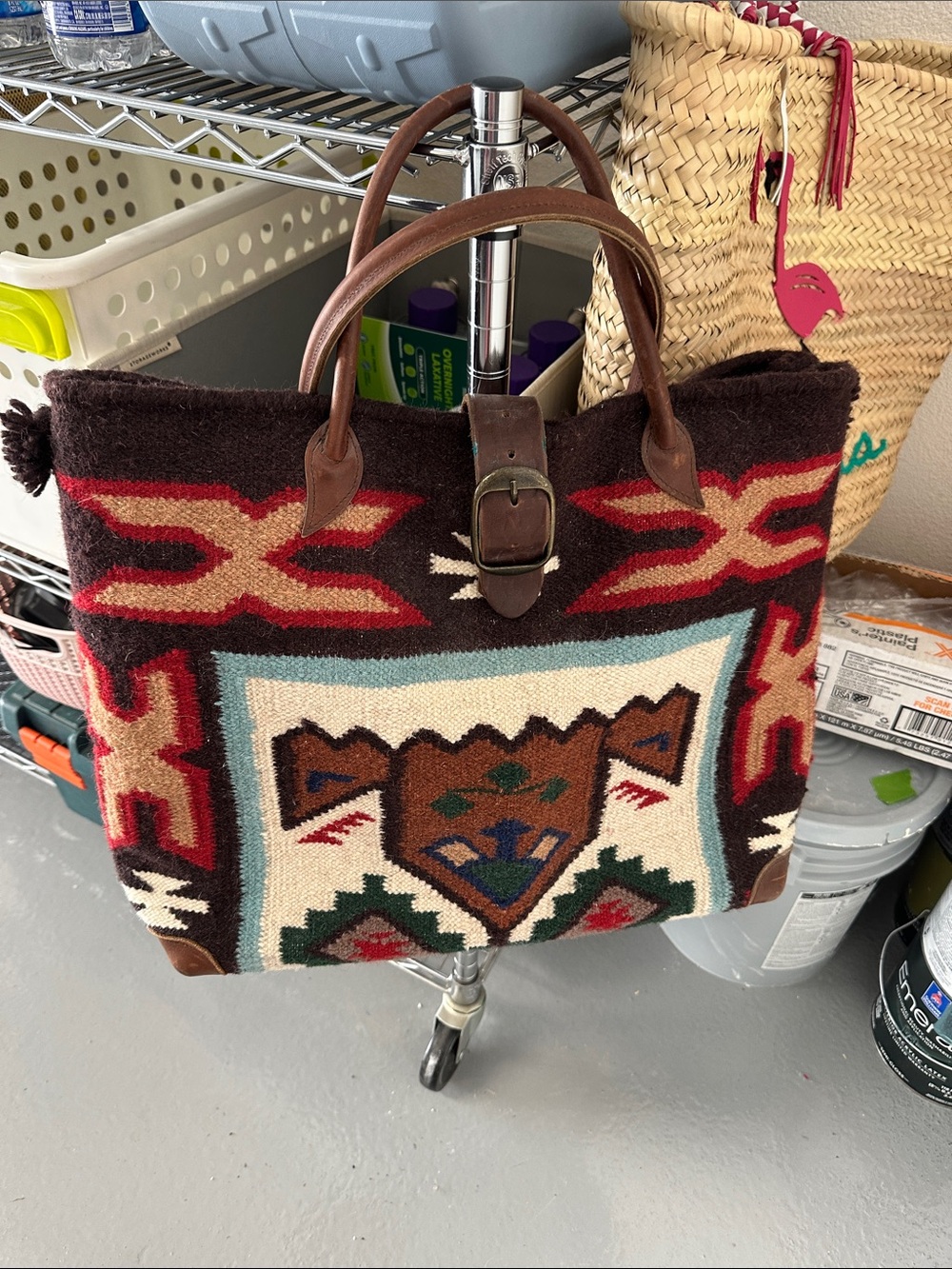 Southwest Pattern Wool Tote with Brown Leather Handles